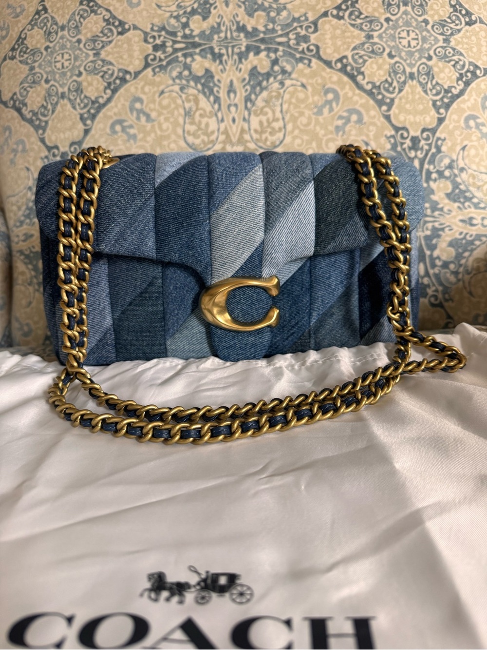 Coach Quilted Denim Patchwork Shoulder Bag with Gold Chain - Blue